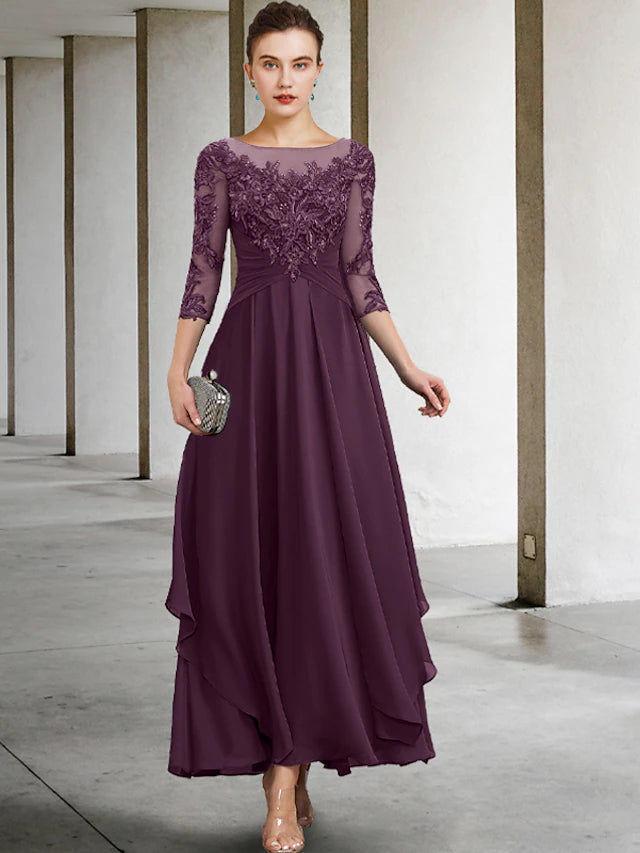 A-Linien-Kleid für die Mutter der Braut, Hochzeitsgast, Übergröße, elegant, Rundhalsausschnitt, knöchellang, Chiffon, Spitze, 3/4-Ärmel mit gerüschten Pailletten-Applikationen